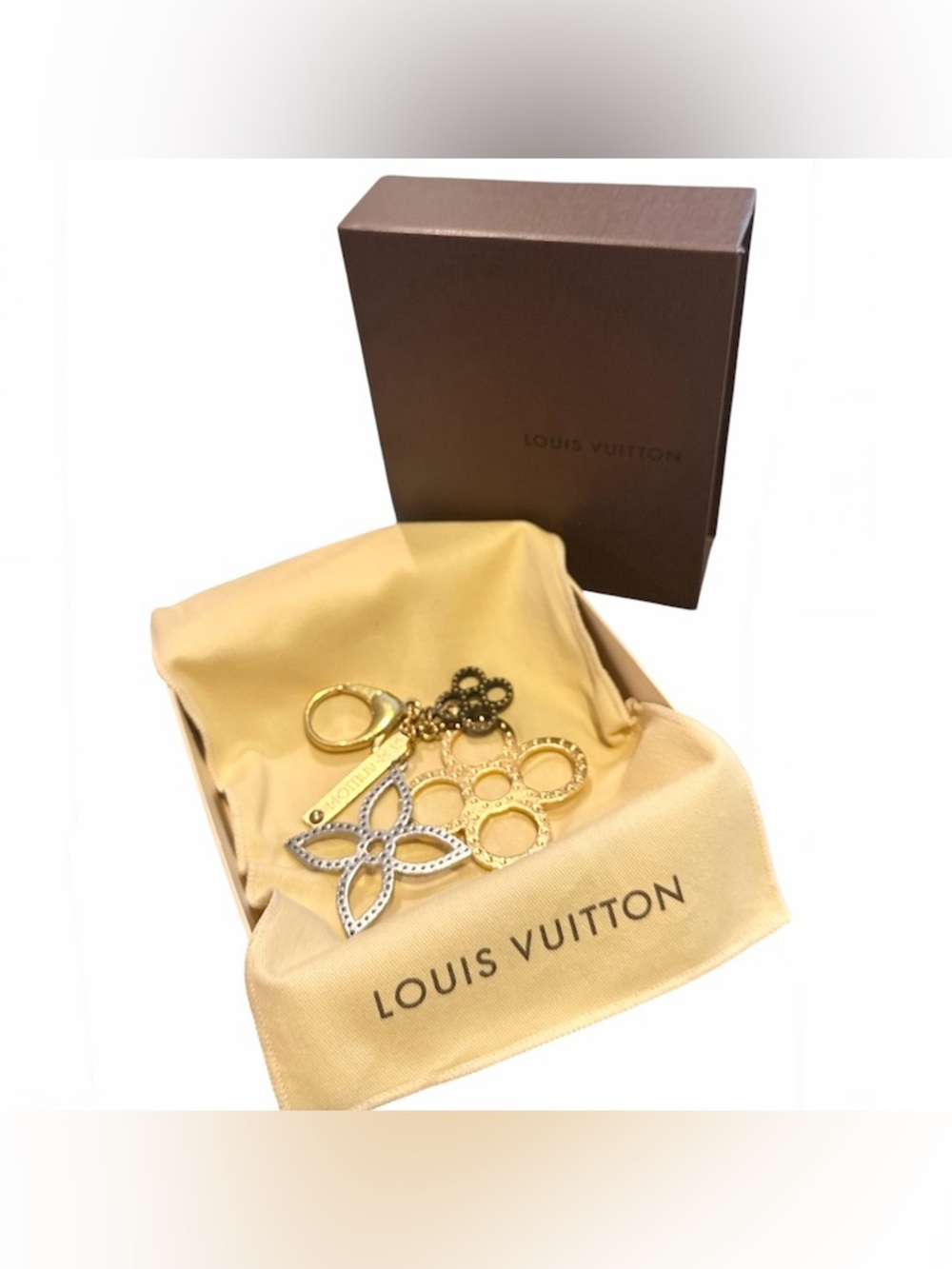 Authentic Louis Vuitton Gold & Black Monogram Flower Key Charm Cluster